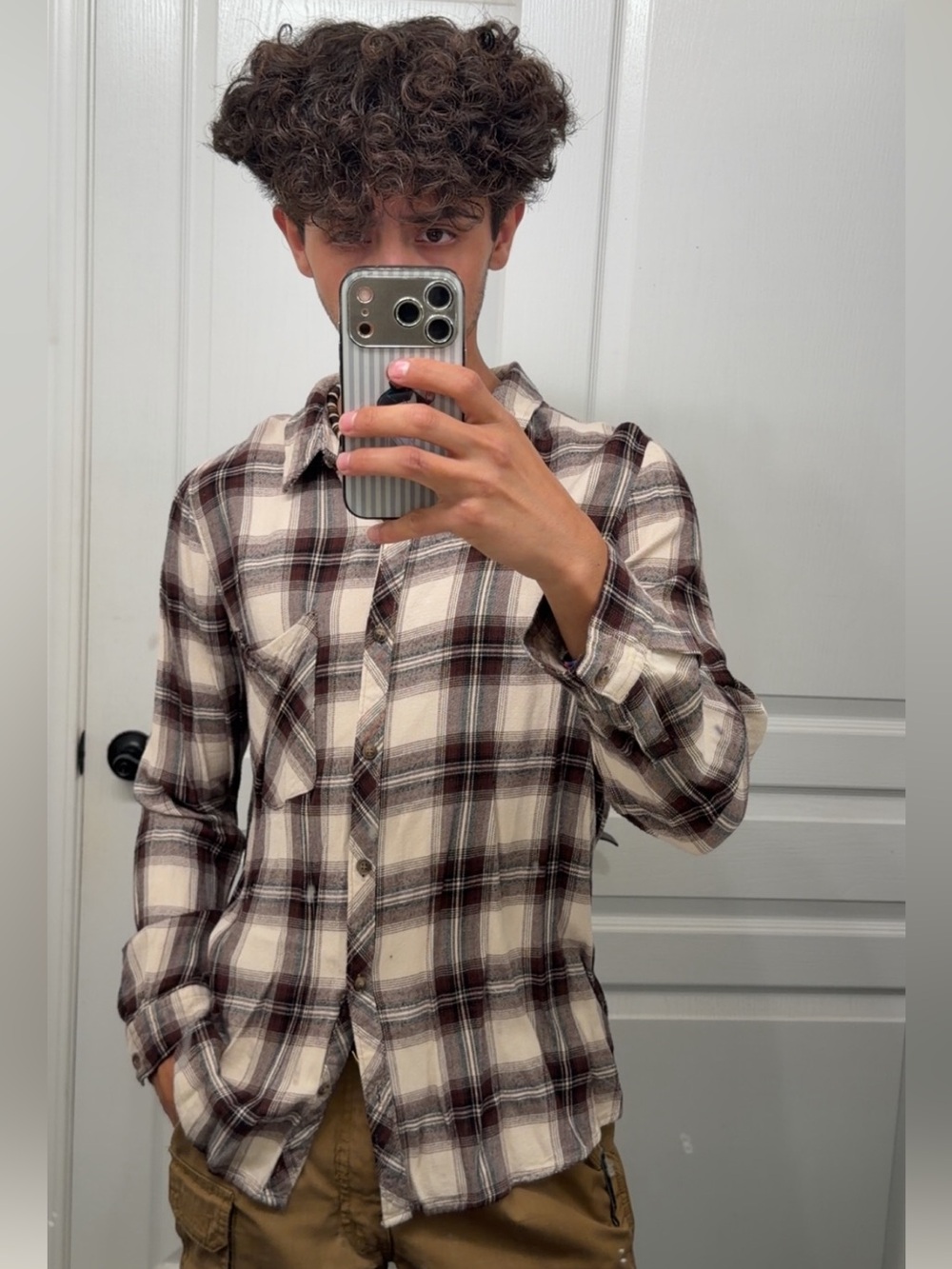 Men's Plaid Button-Up Shirt in Cream and Brown